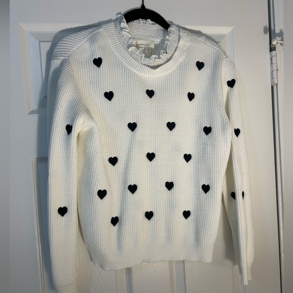 By Anthropologie Ruffled Collar Heart Embroidered Knit Sweater